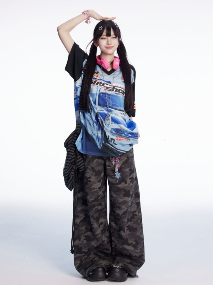 Blue Black and T-shirt Colorblock V-neck Racing Print Loose Design