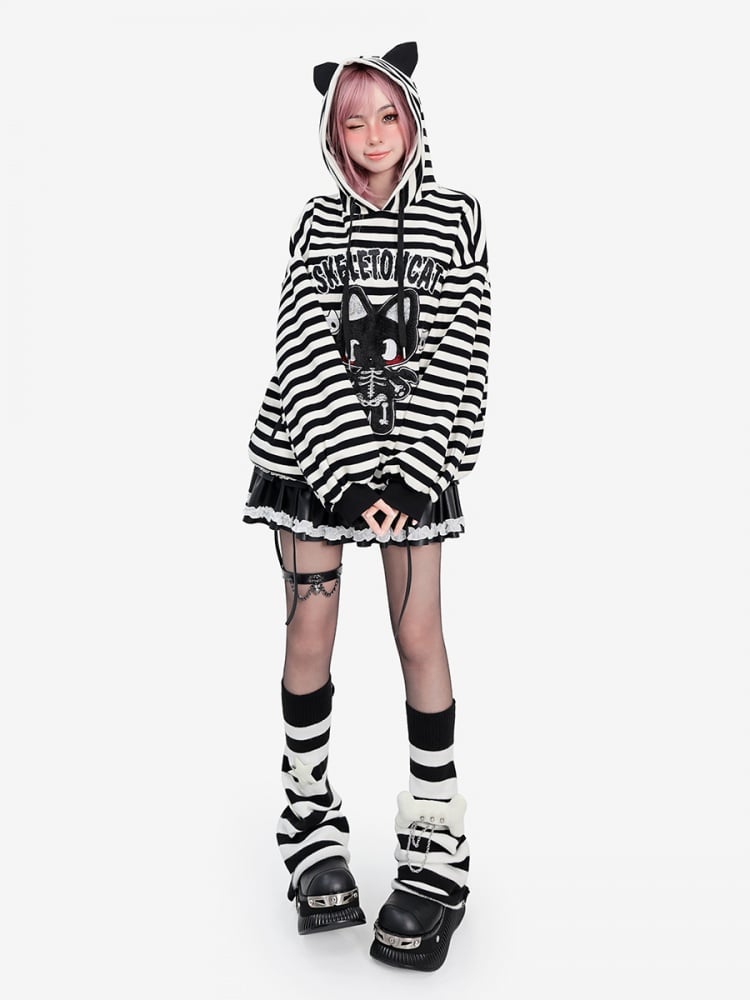 Y2K Skeleton Kitty Black and White Striped Hoodie