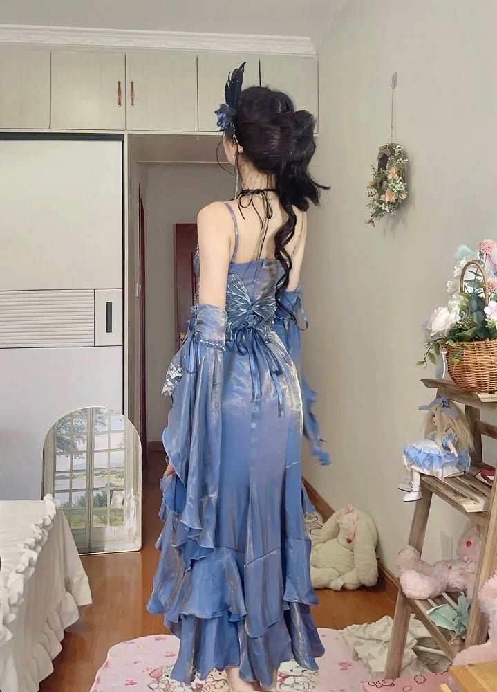Blue Dress Rosette Evening Mermaid with Flounce Sleeves Detachable Gown
