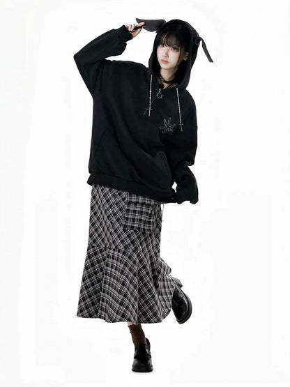 Ankle Black and White Plaid Pocket Length Mermaid Skirt Detail