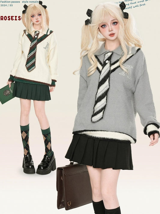 Grey/White Polo Collar Preppy Style Sweater with Free Knit Tie