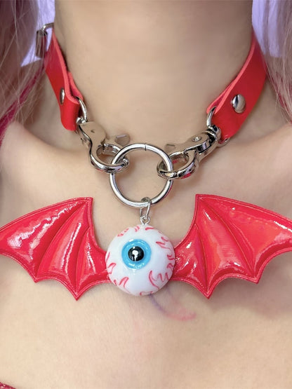 Red Eyeball with Bat Wings Pendant Punk Choker