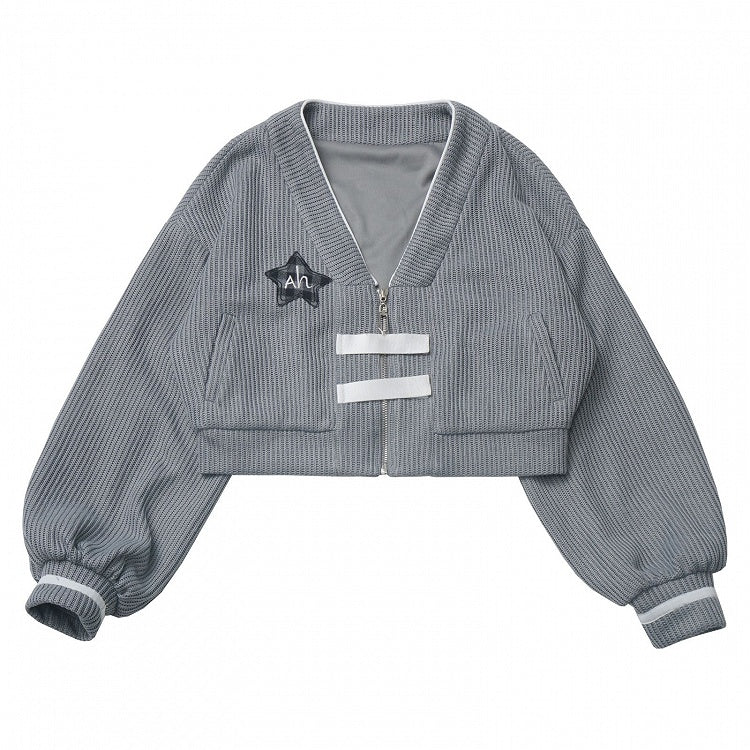 Grey Star Decorated Zip Closure Knitted Cardigan