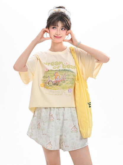 Drawstring Waist Wide-leg Shorts Adorable Bunny Print Green