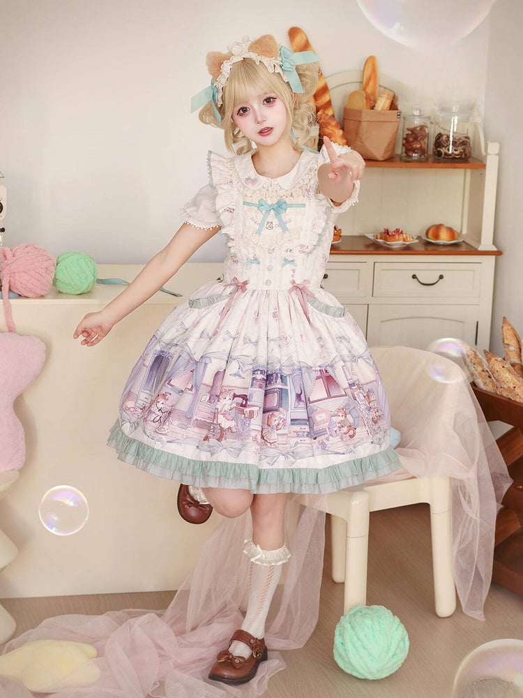 Cute kitty and Green Bows Sweet Lolita Dress Flutter Shoulder Straps Jumper Skirt