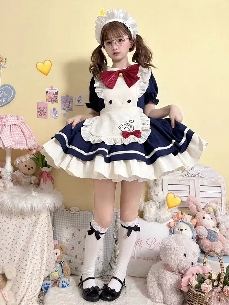 Robe tablier bleu foncé avec broderies de pattes de chat Sweet Maid Lolita