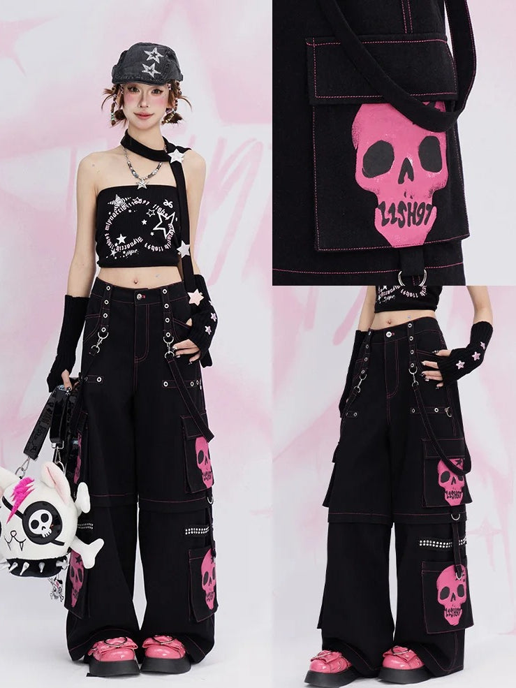 Y2K Black Skeleton Cargo Pockets Straps Design Wide-leg Cut Jeans