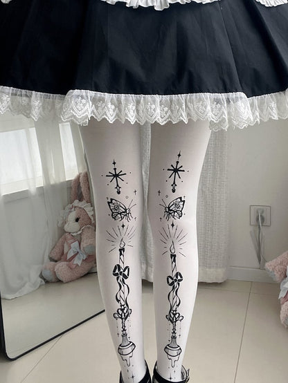 Tights Butterfly and Candelabra Print Gothic Lolita White
