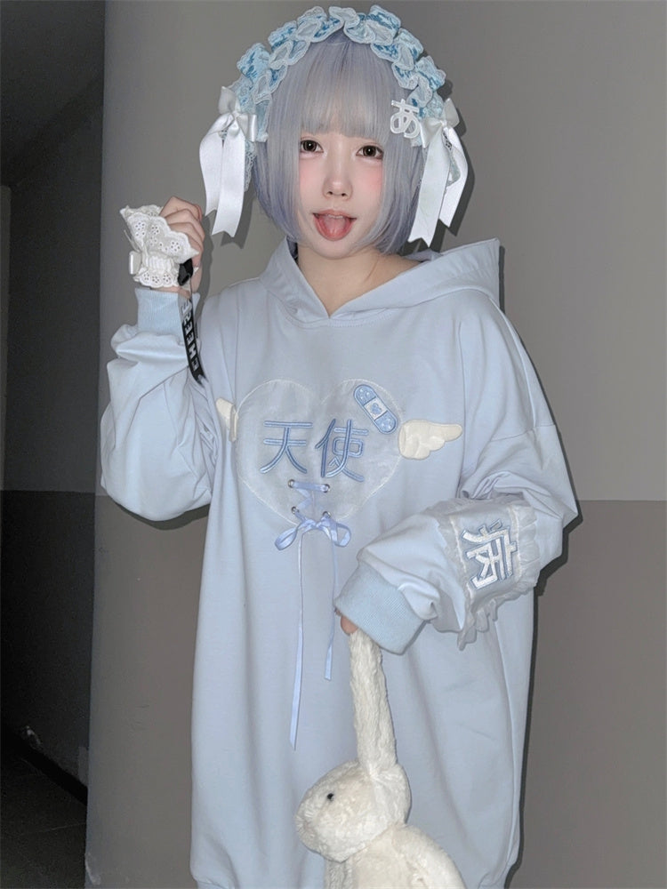 Tenshi Kaiwai Light Blue Characters Lace-up Detail Yami Kawaii Hoodie