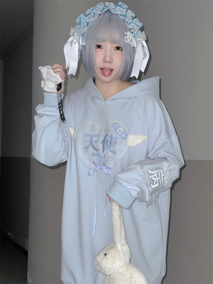 Tenshi Kaiwai Light Blue Characters Lace-up Detail Yami Kawaii Hoodie