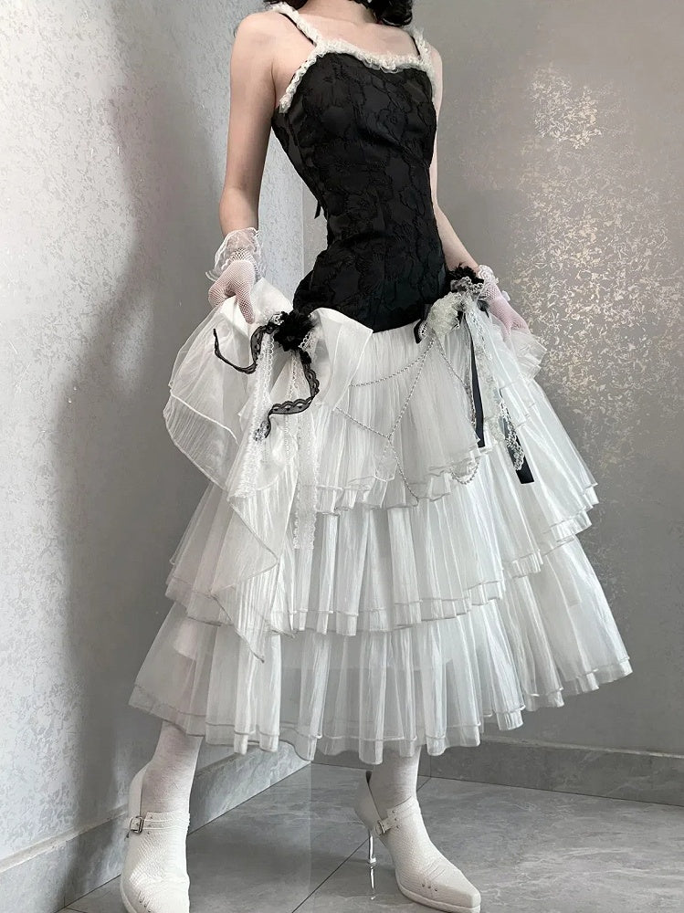 Classic Layered Tulle Lolita Fit Jacquard Bodice Hem Slim Dress Black White Floral