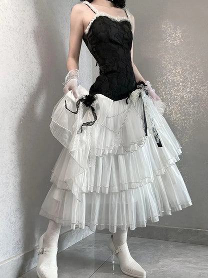 Classic Layered Tulle Lolita Fit Jacquard Bodice Hem Slim Dress Black White Floral