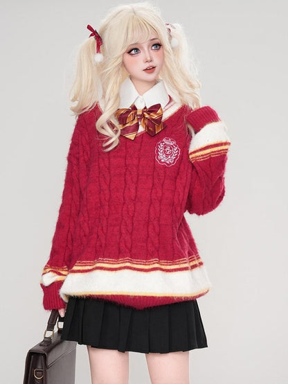Red/Blue/White V-neck Preppy Style Loose Sweater