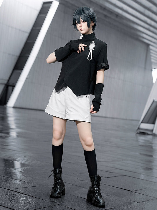 Techwear Fashion Neck Short Ouji Futuristic High Sleeves Top Black