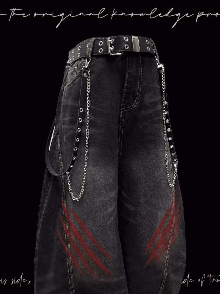 Faded Scratch Print Distressed Punk Wide-Leg Jeans Wash Black
