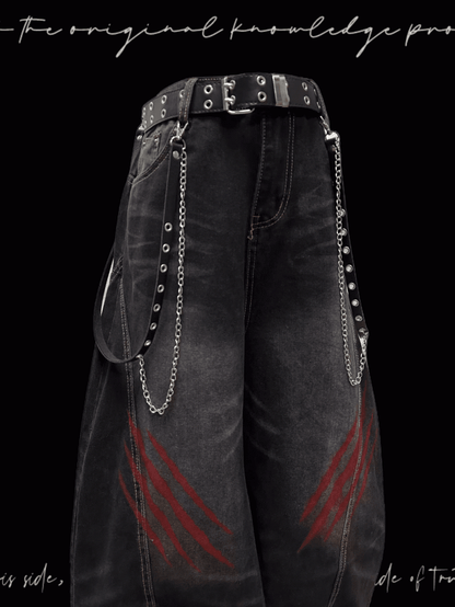 Faded Scratch Print Distressed Punk Wide-Leg Jeans Wash Black
