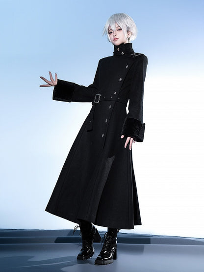 Black Ouji Lolita Stand Collar High Neck Woolen Coat