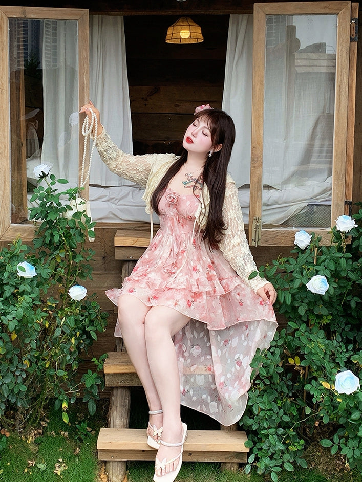 Skirt High-low Rosette Print Cami Pink Ruffle Plus Size Basque Waist Cascading Dress