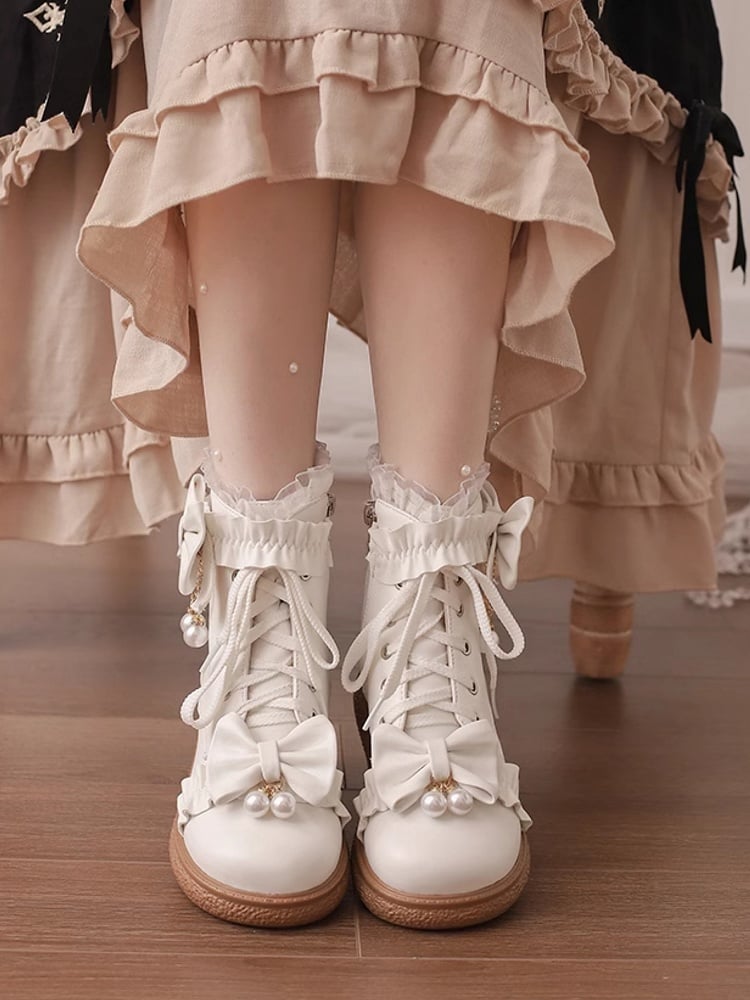 Version Schleife Normal/Verdickt Perlenbesetzt mit Akzenten PU Spitze Lolita Stiefel Leder Weiß Manschette Plattform Charm 4cm