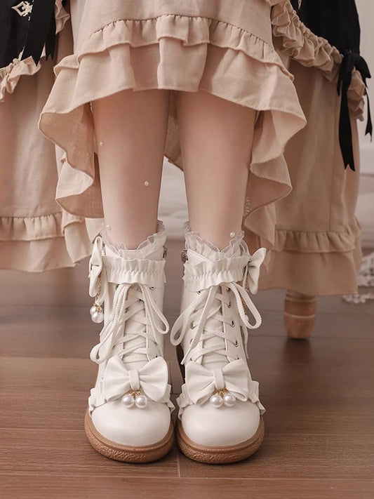 Version Schleife Normal/Verdickt Perlenbesetzt mit Akzenten PU Spitze Lolita Stiefel Leder Weiß Manschette Plattform Charm 4cm