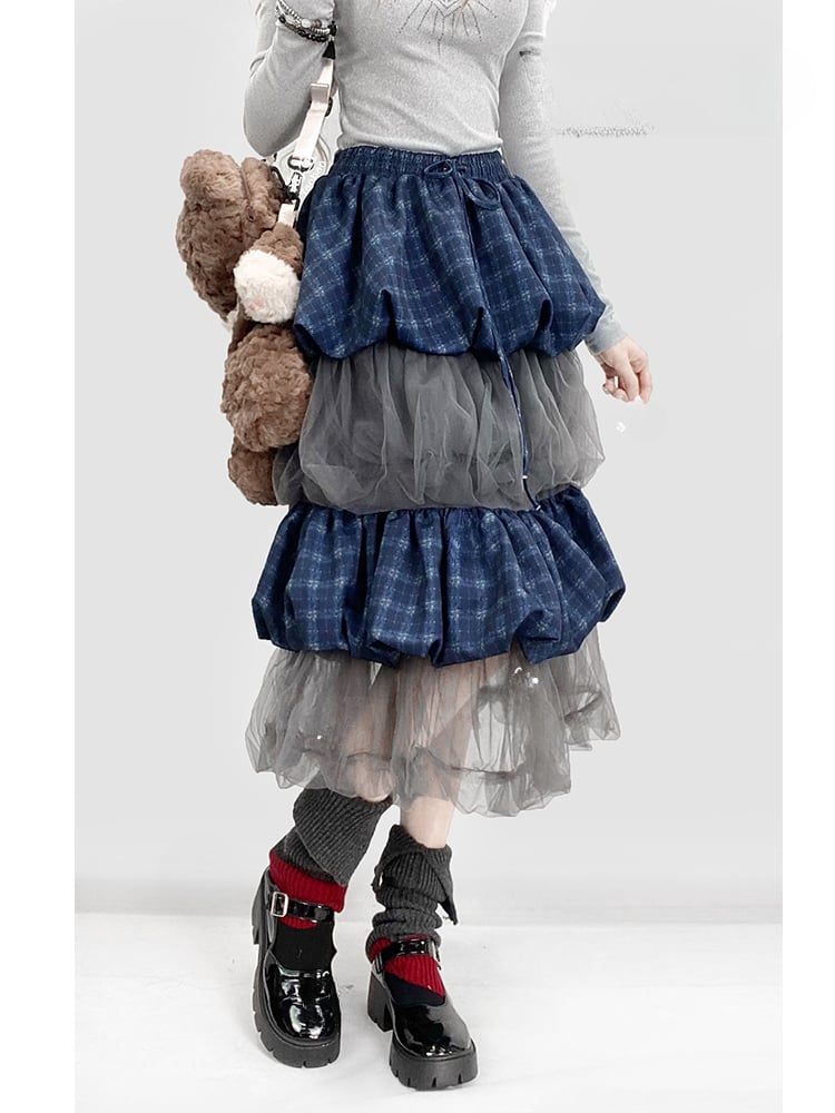 Blue Plaid Pattern Patchwork Design Tiered Bubble Skirt