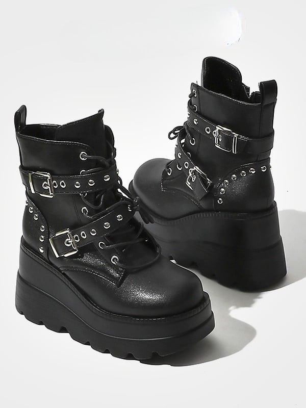 Triple Style Platform - Studs with Black Details Punk System Boots Fastening in