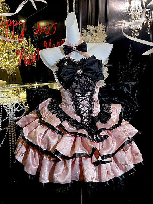 Pink Bowknot Fabric Tiered Puffy Skirt Halter Neck Birthday Corset Dress