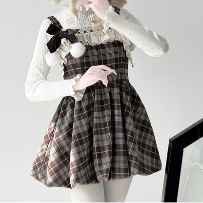 Brown Plaid Ruffled Trim Bubble Dress + White Top Set
