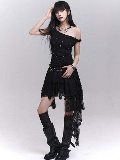 Patchwork Black Lace Cascading Ruffles Skirt