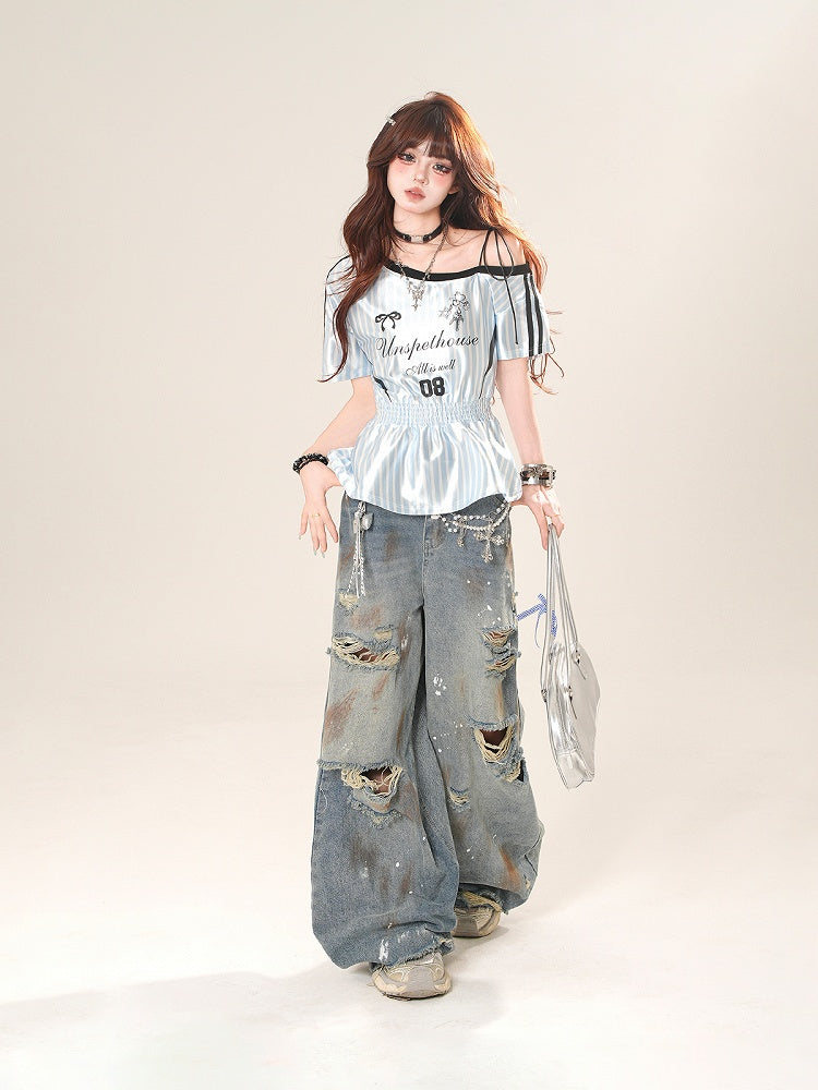 Asymmetrischer Ausschnitt, gestreiftes T-Shirt, gesmokt, elastische Taille, Blokette, Kernschwarz/Blau