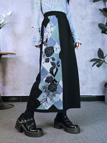 with Cheongsam Jacquard Pattern Skirt Diamond Multicolor Knit Black