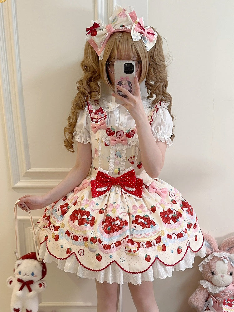 Bluse / Kurze rosa Ärmel Puffschleifen Lolita verziert weiß