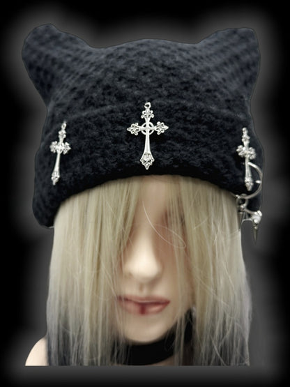 Y2K Black Cross Charms Studs Punk Cat Ears Beanie