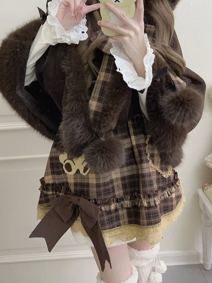 Sleeves Kawaii Soft Brown Plaid Dress Flutter with