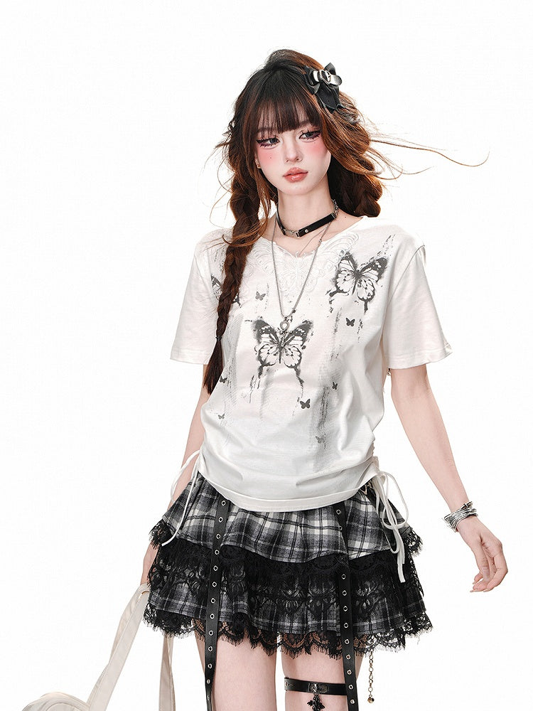 Drawstring Waist Butterfly Print White T-Shirt Butterfly Design Neckline