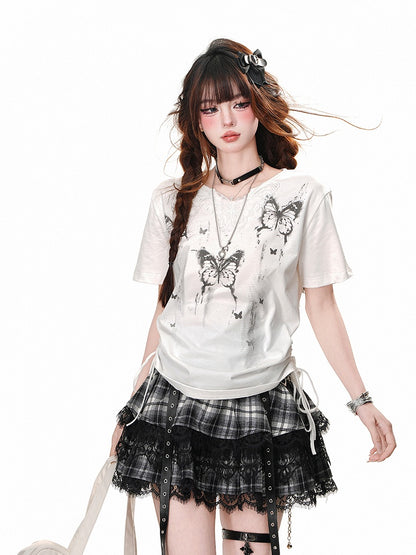 Drawstring Waist Butterfly Print White T-Shirt Butterfly Design Neckline