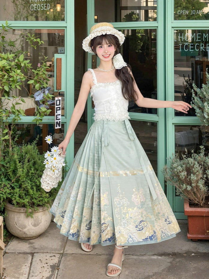 Cheongsam Jacquard Horse-face Embroidery Floral Style Skirt Green Pleated