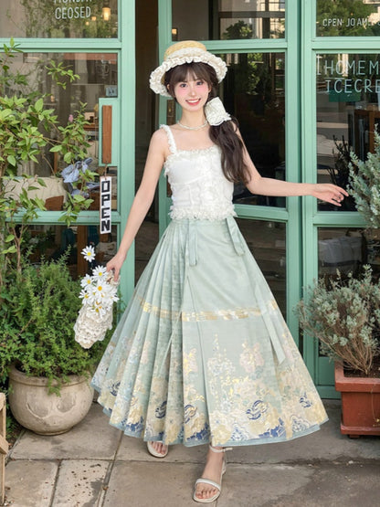 Cheongsam Jacquard Horse-face Embroidery Floral Style Skirt Green Pleated