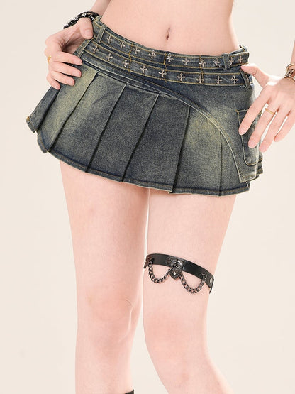 Skirt Low Blue/Black Waist Cross Embellished Mini Pleated Denim