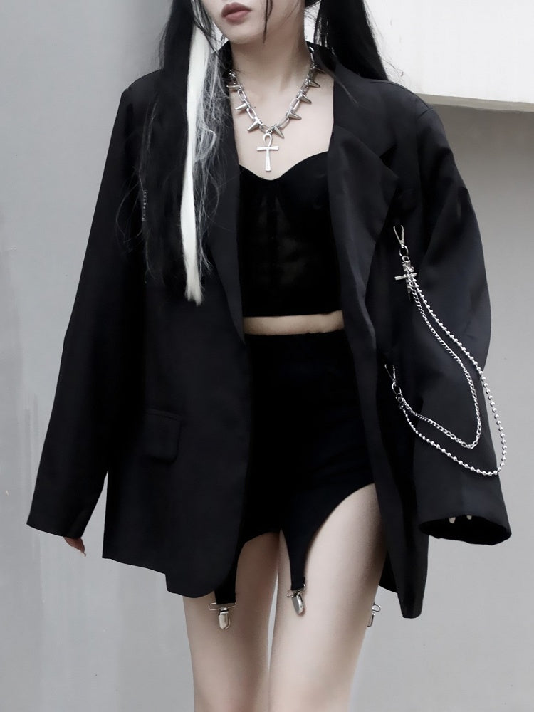 with Tag Black Detail Name Punk Silver Edgy Blazer Chain
