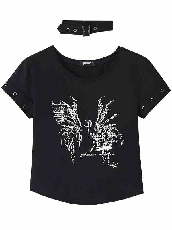 Black Wings Print Cotton Cropped T-shirt