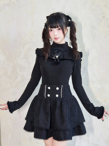 Jirai Kei Plush Trim Cutout Detail Bow Rhinestone Embellished Black Top