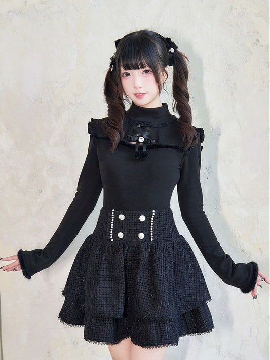Jirai Kei Plush Trim Cutout Detail Bow Rhinestone Embellished Black Top
