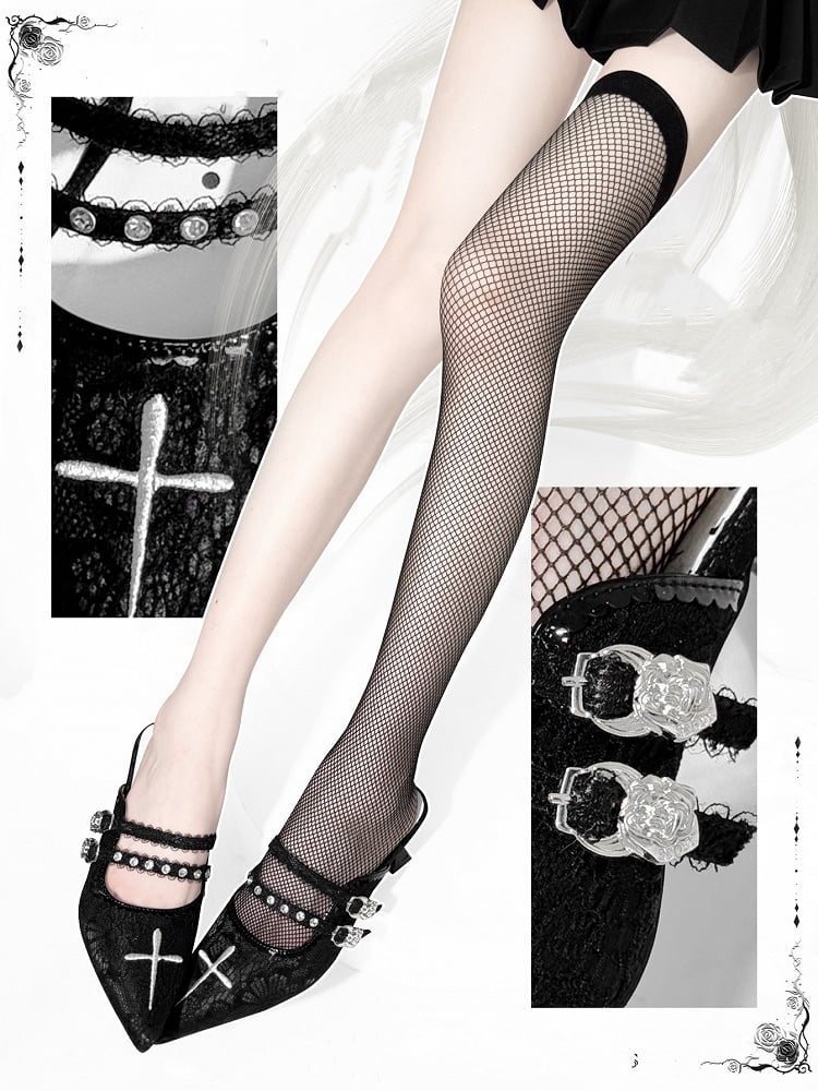 Embroidery Cross Heel with Stiletto Lace Sandals 6cm Gothic Pointed Toe Black