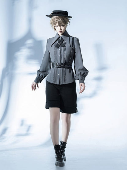 Long Klein Gray Blue and Point Collar Shirt Pleating Foldover Detailing Lace / Prince Sleeves