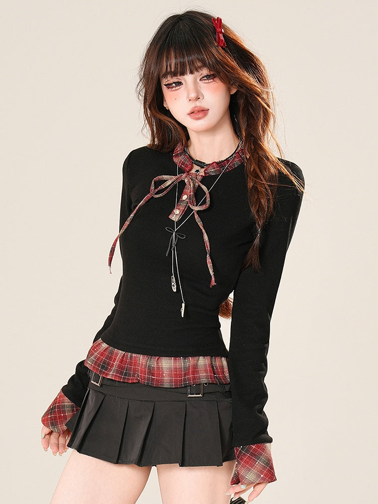 Pattern Top Sleeves Plaid Long Ruffles Black Glamorous Bittersweet Trim