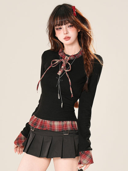 Pattern Top Sleeves Plaid Long Ruffles Black Glamorous Bittersweet Trim