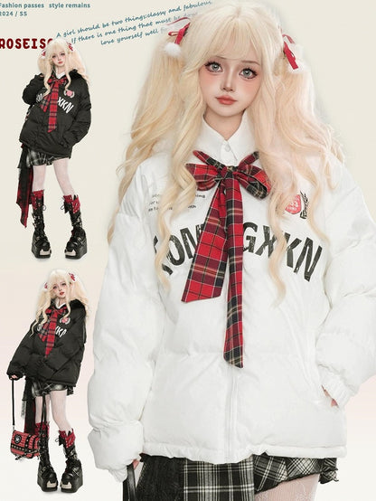 Black/White Letters Print Self-tie Bowknot Hooded Thick Jacket