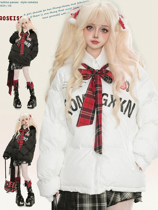 Black/White Letters Print Self-tie Bowknot Hooded Thick Jacket