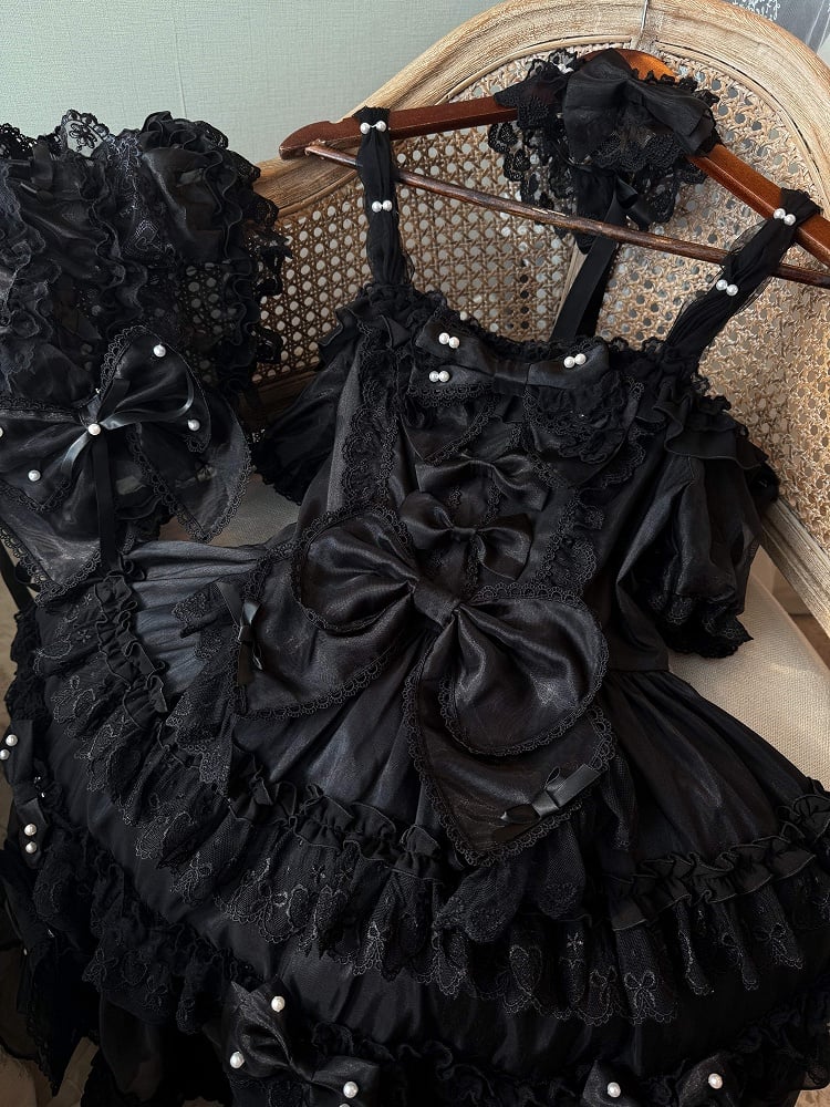 All Details at with Bow Lolita Back Dress Bead Big and Accents Princess Black